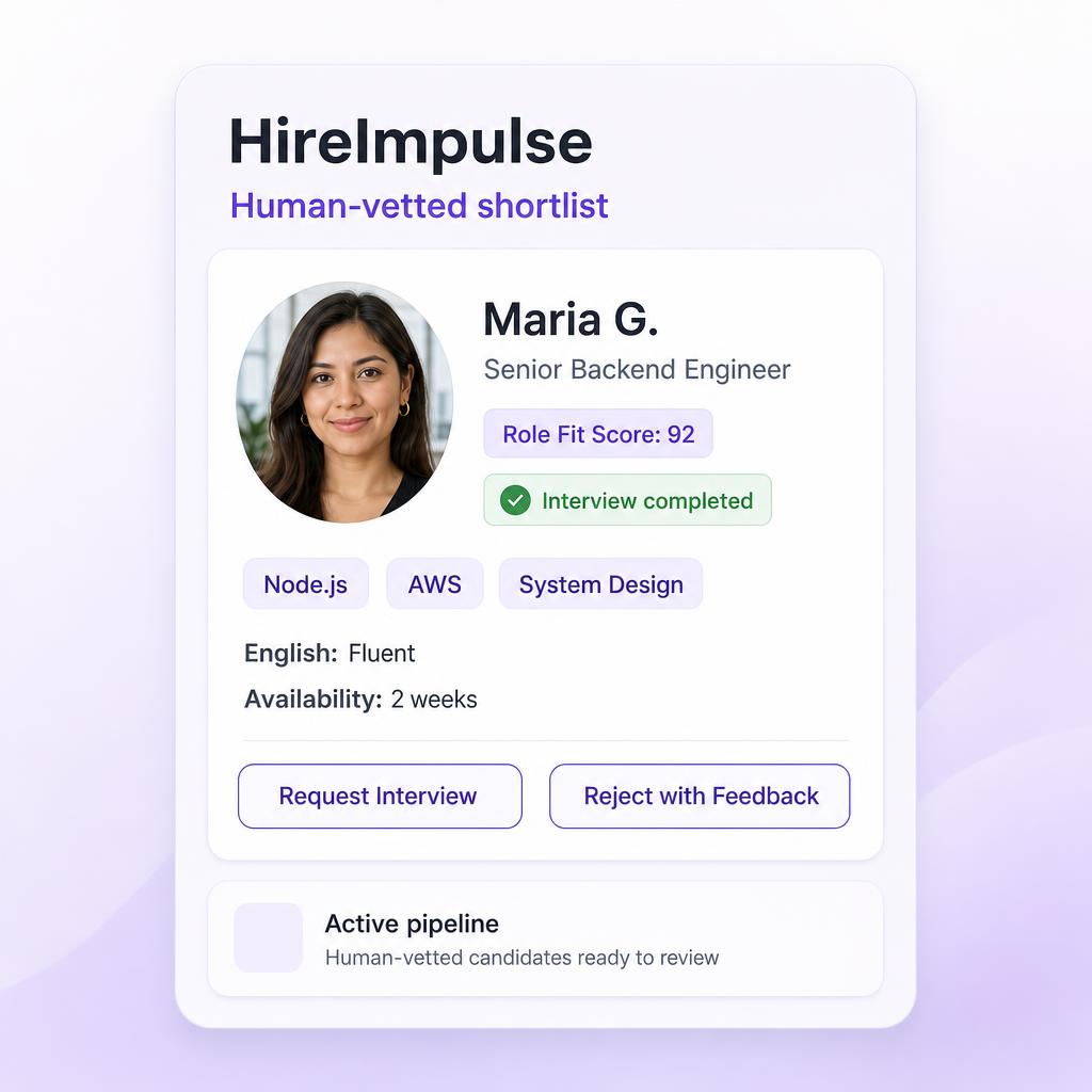 Human-vetted candidate shortlist card showing role fit score, verified skills, and interview status